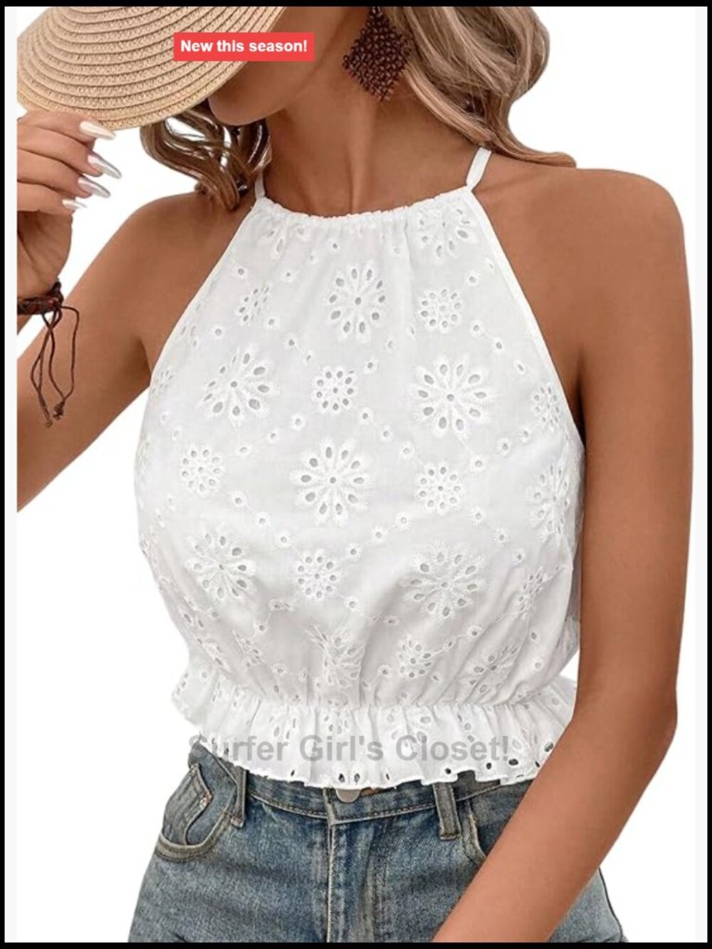 Women's Eyelet Halter Crop Top Sleeveless Boho Embroidery White Blouse